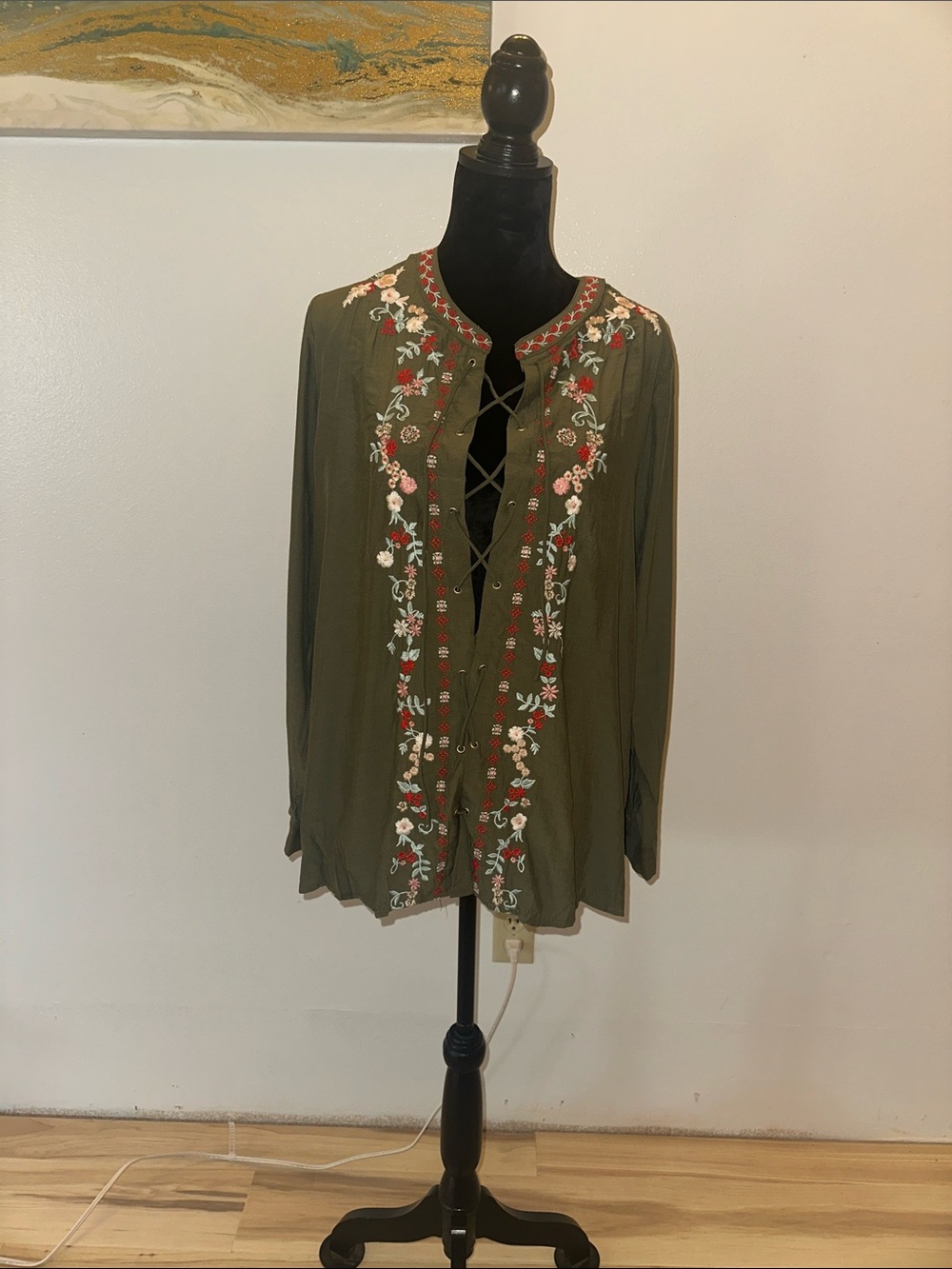 ANDREE BY UNIT Olive Green Embroidered Lace-Up Tunic